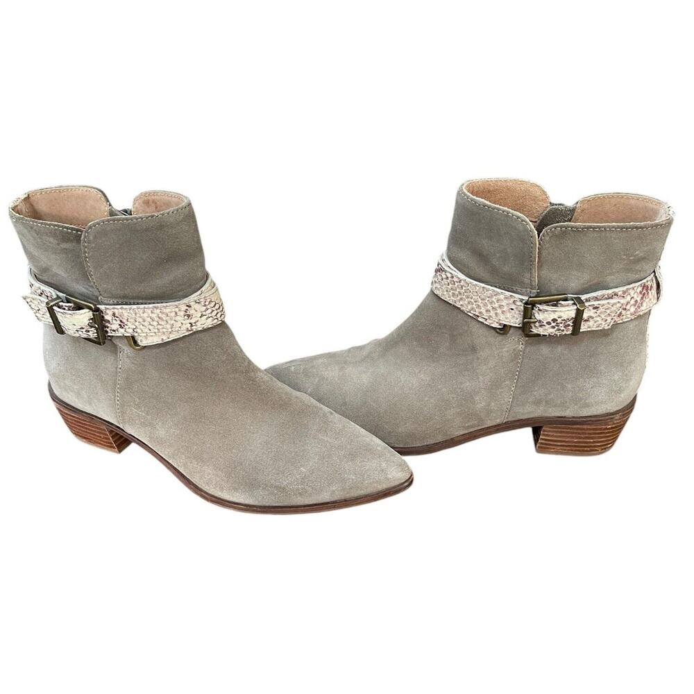 Anthropologie Liendo Seychelles Ankle Boots Suede Taupe Gray Snakeskin Size 7
